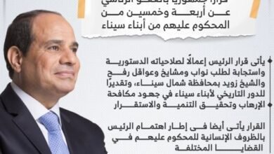 الرئيس السيسى يصدر قرارا بالعفو عن 54 من المحكوم عليهم من أبناء سيناء.. إنفوجراف